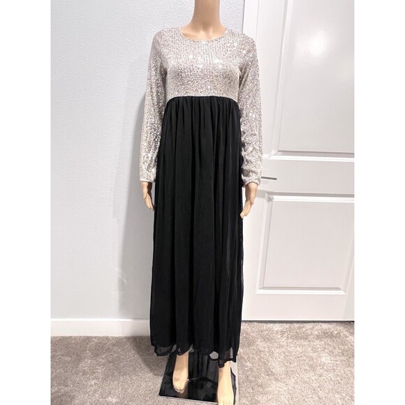 PinkBlush Maternity Dress Gold Sequin Bodice Tulle Long Sleeve Maxi Gown Small - Picture 5 of 13